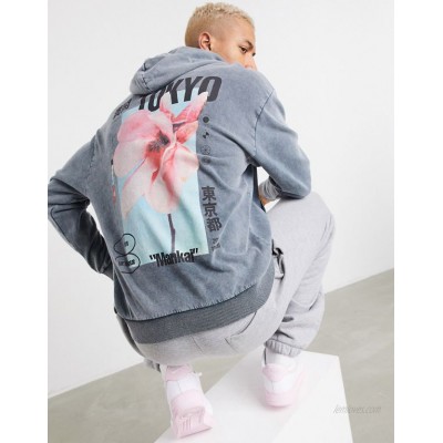 DESIGN oversized hoodie in heavy acid wash with Tokyo flower back print  