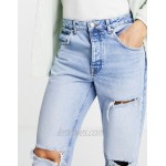 DESIGN straight leg jeans in vintage mid wash blue with heavy rips