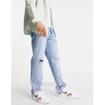 DESIGN straight leg jeans in vintage mid wash blue with heavy rips