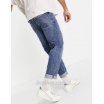 DESIGN straight crop jeans in mid blue Japanese wash with abrasion