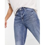 DESIGN straight crop jeans in mid blue Japanese wash with abrasion