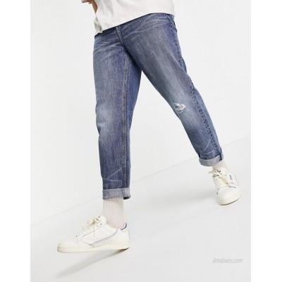  DESIGN straight crop jeans in mid blue Japanese wash with abrasion  