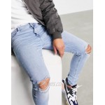 DESIGN spray on jeans with powerstretch in light wash blue with knee rips