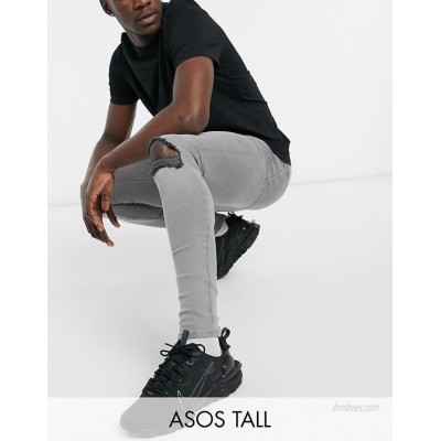  DESIGN Tall spray on jeans with power stretch in pale grey with knee rip and abrasions  