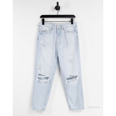 Pull&Bear relaxed jeans with rips in light blue  