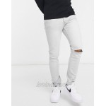 Topman organic cotton stretch skinny jeans with double knee rip in ice grey