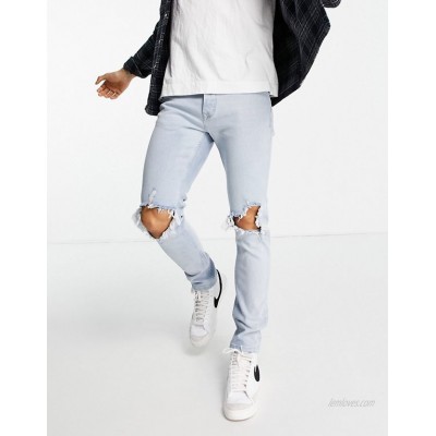 Topman stretch skinny extreme blow out rip jeans in light wash  