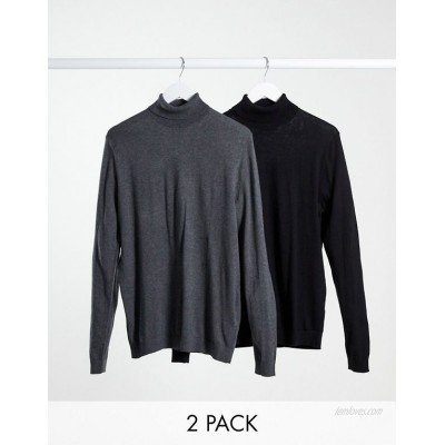  DESIGN 2 pack cotton roll neck sweater in black & charcoal  