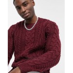 DESIGN heavyweight cable knit crew neck sweater in burgundy