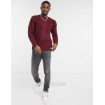 DESIGN heavyweight cable knit crew neck sweater in burgundy