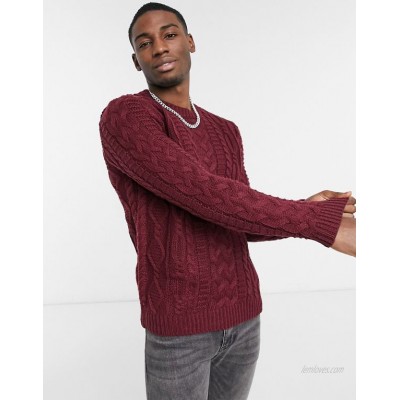  DESIGN heavyweight cable knit crew neck sweater in burgundy  