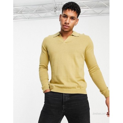  DESIGN knitted cotton notch neck sweater in khaki  