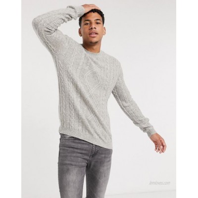  DESIGN lambswool cable knit crew neck sweater in light gray  