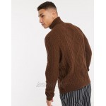 DESIGN lambswool cableknit rollneck sweater in chocolate brown