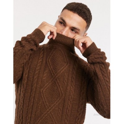  DESIGN lambswool cableknit rollneck sweater in chocolate brown  
