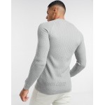 DESIGN muscle fit basket stitch crewneck sweater in light gray