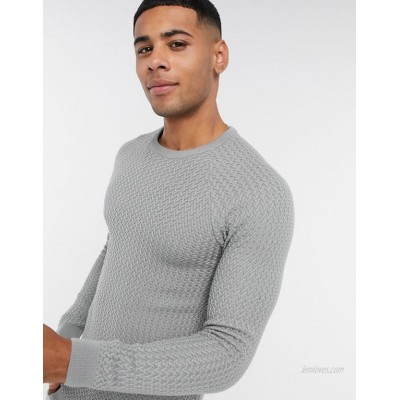  DESIGN muscle fit basket stitch crewneck sweater in light gray  