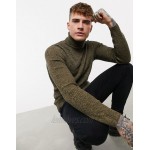 DESIGN muscle fit ribbed roll-neck sweater in tan