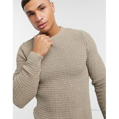  DESIGN muscle fit waffle knit sweater in oatmeal  