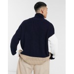 DESIGN oversized funnel neck sweater with contrast sleeves in navy