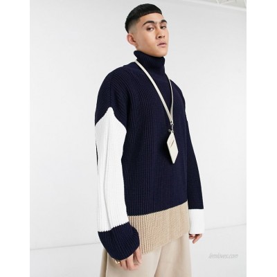  DESIGN oversized funnel neck sweater with contrast sleeves in navy  