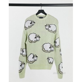  DESIGN oversized textured sweater with sheep design in sage green  