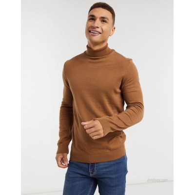 New Look roll neck knitted sweater in camel  