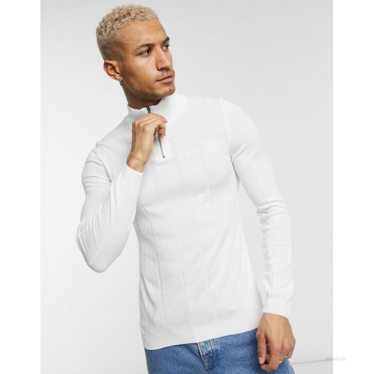 DESIGN knitted wide rib half-zip sweater in white