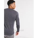 DESIGN muscle fit merino wool crew neck sweater in charcoal