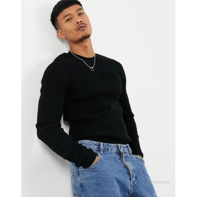  DESIGN muscle fit ribbed sweater in black  