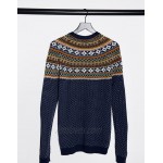 DESIGN Tall knitted midweight yoke fairisle sweater in navy