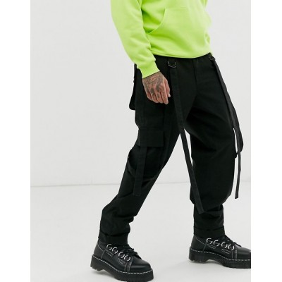  DESIGN cargo pants in black with strapping  