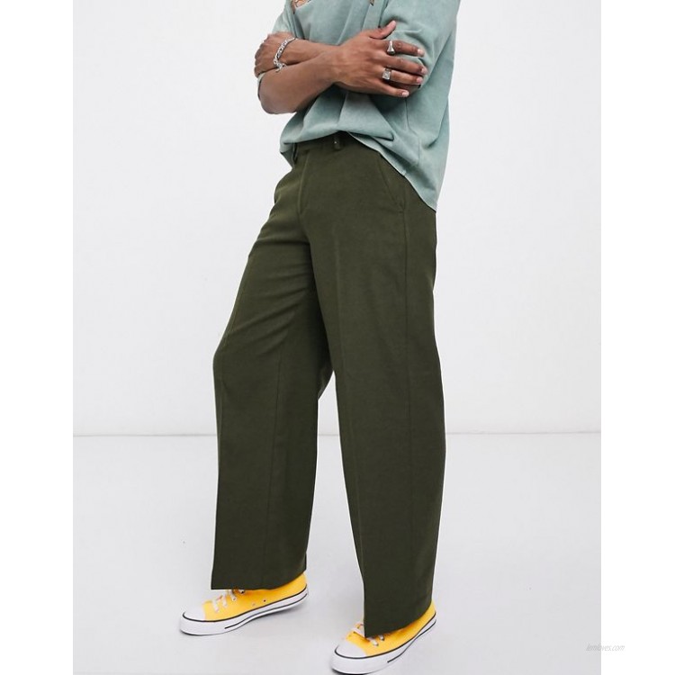 DESIGN extreme wide leg smart pants in khaki wool mix