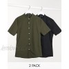  DESIGN 2-pack skinny fit shirt with band collar in khaki/black  
