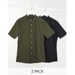 DESIGN 2-pack skinny fit shirt with band collar in khaki/black