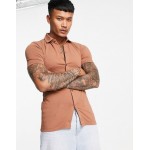 DESIGN organic button through jersey shirt in brown