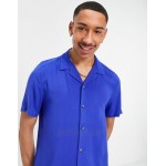 DESIGN regular fit viscose shirt with low revere collar in bright blue