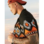 DESIGN regular revere shirt in black and orange geo-tribal embroidery