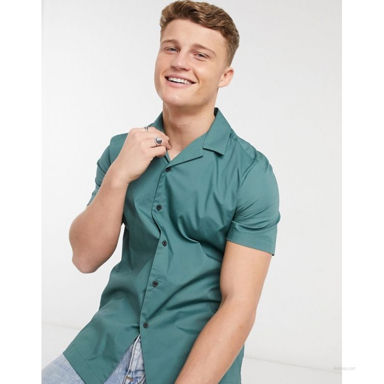 DESIGN regular short sleeve shirt with revere collar in dusky teal