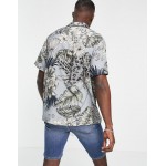DESIGN relaxed camp collar large scale leaf floral shirt in gray