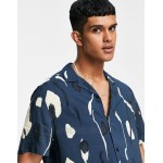 DESIGN relaxed revere shirt in deep navy abstract print