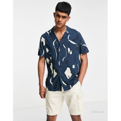  DESIGN relaxed revere shirt in deep navy abstract print  