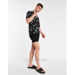 DESIGN relaxed revere summer shirt in black with color pop tropical print