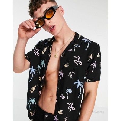  DESIGN relaxed revere summer shirt in black with color pop tropical print  
