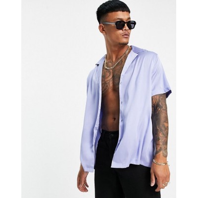  DESIGN satin shirt with deep revere collar in dark lilac  