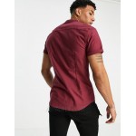 DESIGN slim fit organic cotton oxford shirt in burgundy with grandad collar