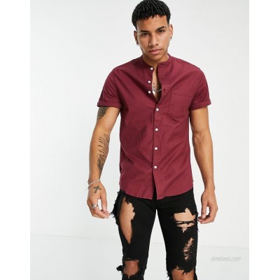  DESIGN slim fit organic cotton oxford shirt in burgundy with grandad collar  