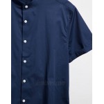 DESIGN stretch skinny fit shirt in navy with grandad collar