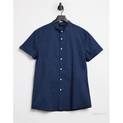  DESIGN stretch skinny fit shirt in navy with grandad collar  
