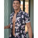 DESIGN stretch slim fit poplin floral shirt in navy